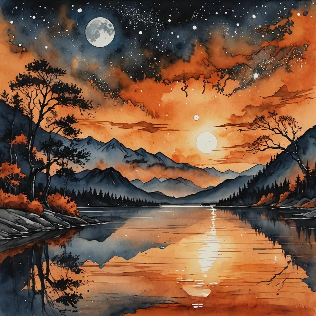 Orange Night Sky Reflected as Watercolor Painting