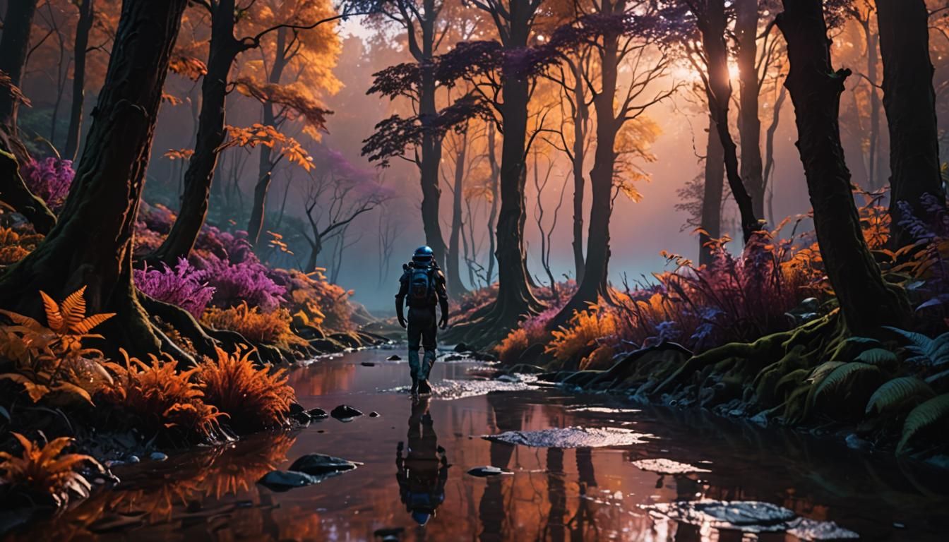 Alien in a Maroon Forest by an Orange Stream