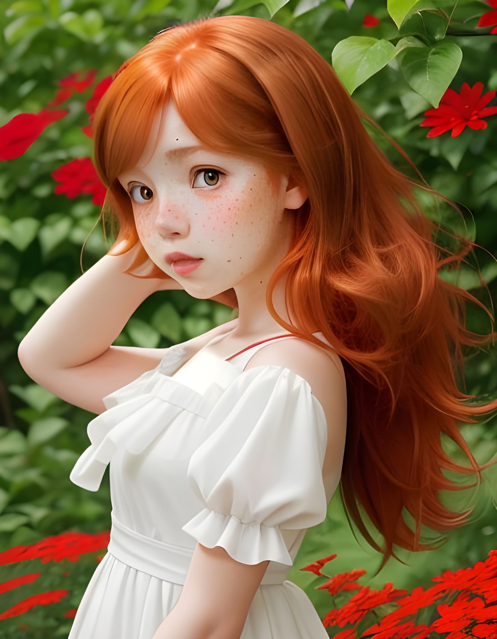 Auburn-Haired Girl Picking Flowers in Anime Style