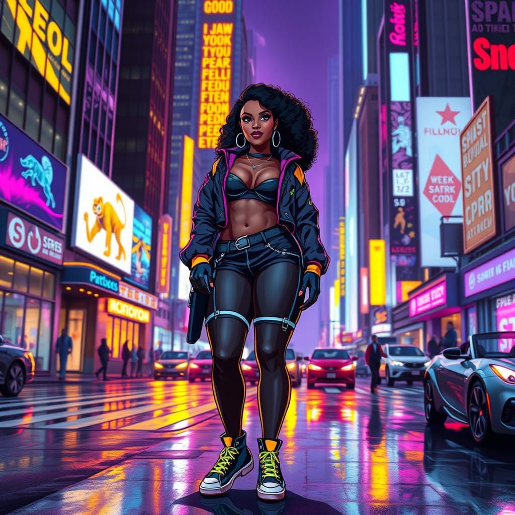 Confident Black Woman Stands Tall in Urban Nighttime Scene