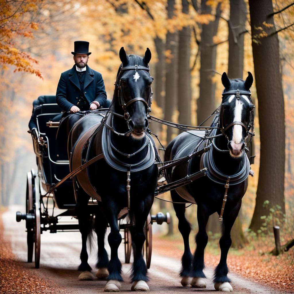 1800s Horse-Drawn Carriage in Autumn Woods
