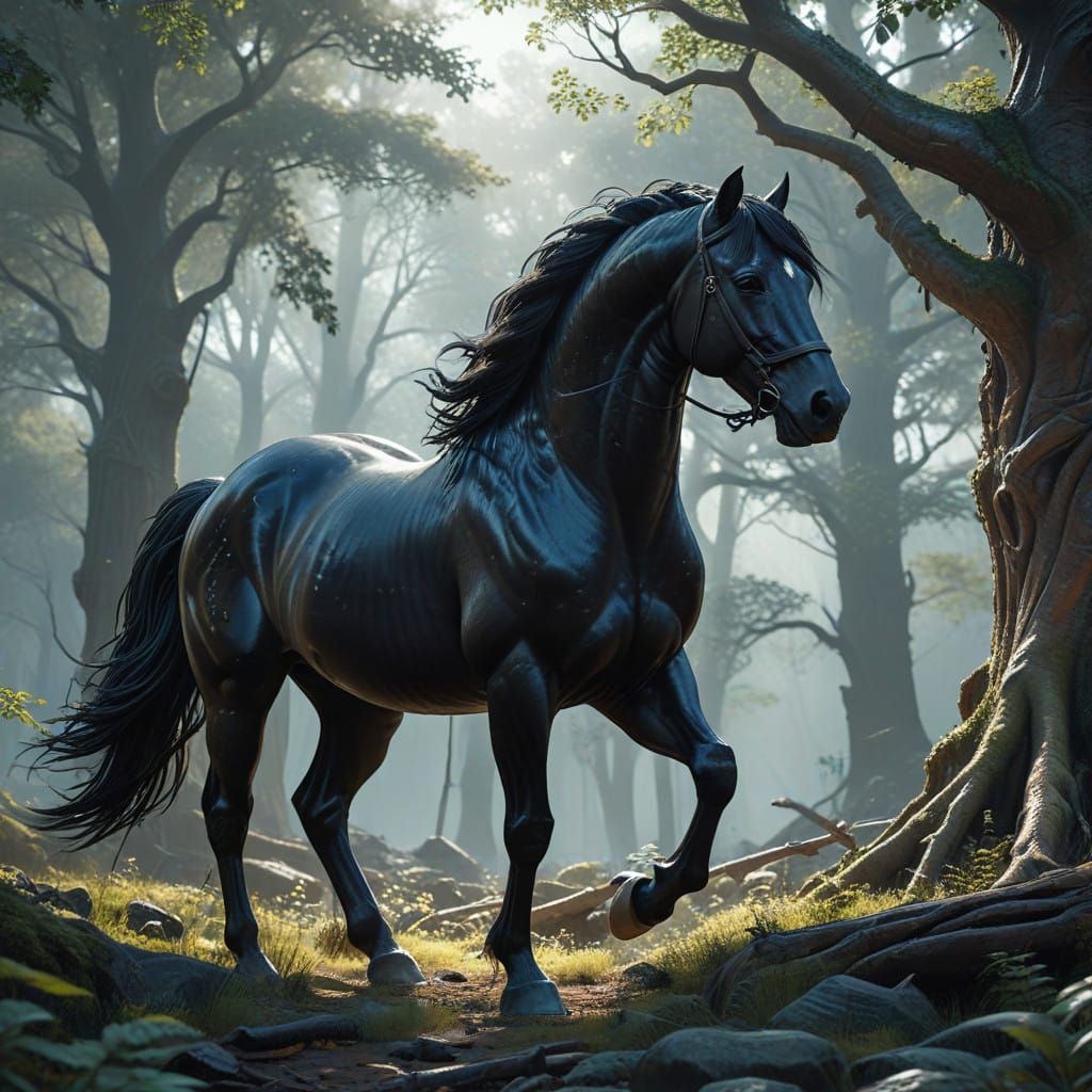 Majestic Black Horse in Mystical Forest Landscape