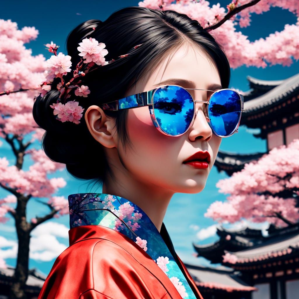 Cyberpunk Geisha's Sunglasses Reflecting Prismatic Sakura Tr...