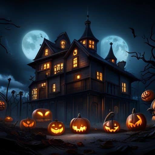 Haunted House Surrounded by Flying Jack-o'-Lanterns