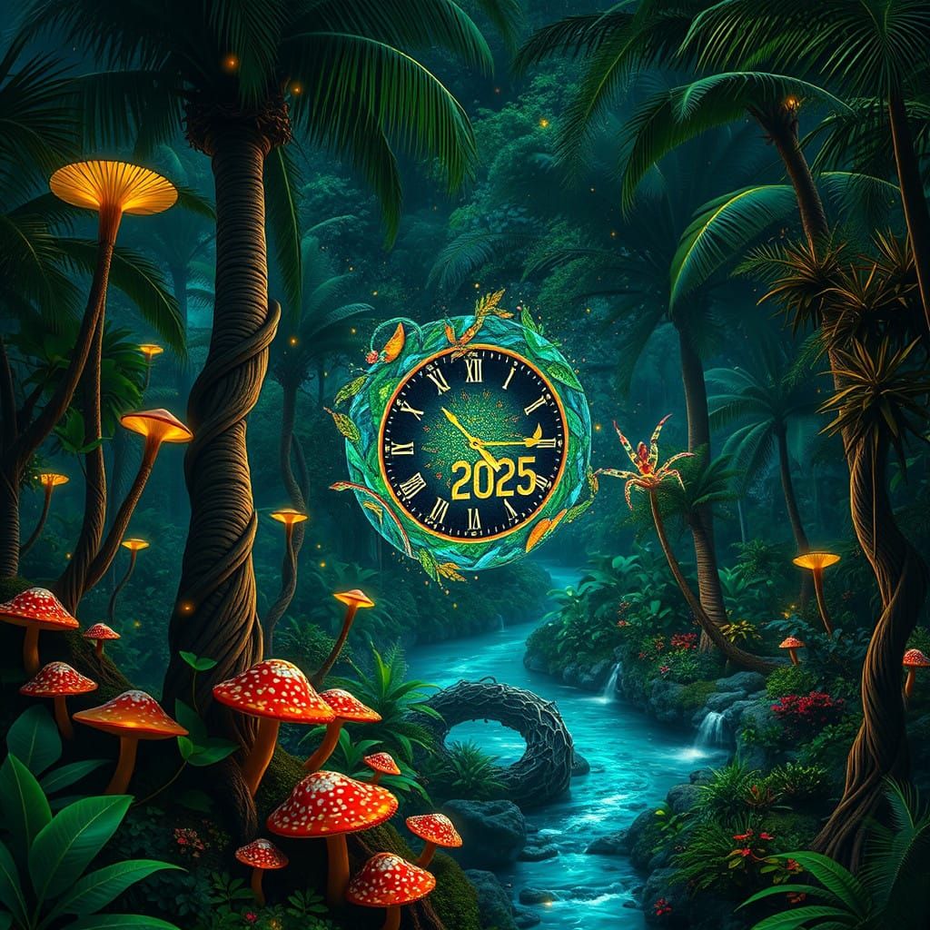 Dark Forest Countdown to Midnight in Vibrant, Surreal Style