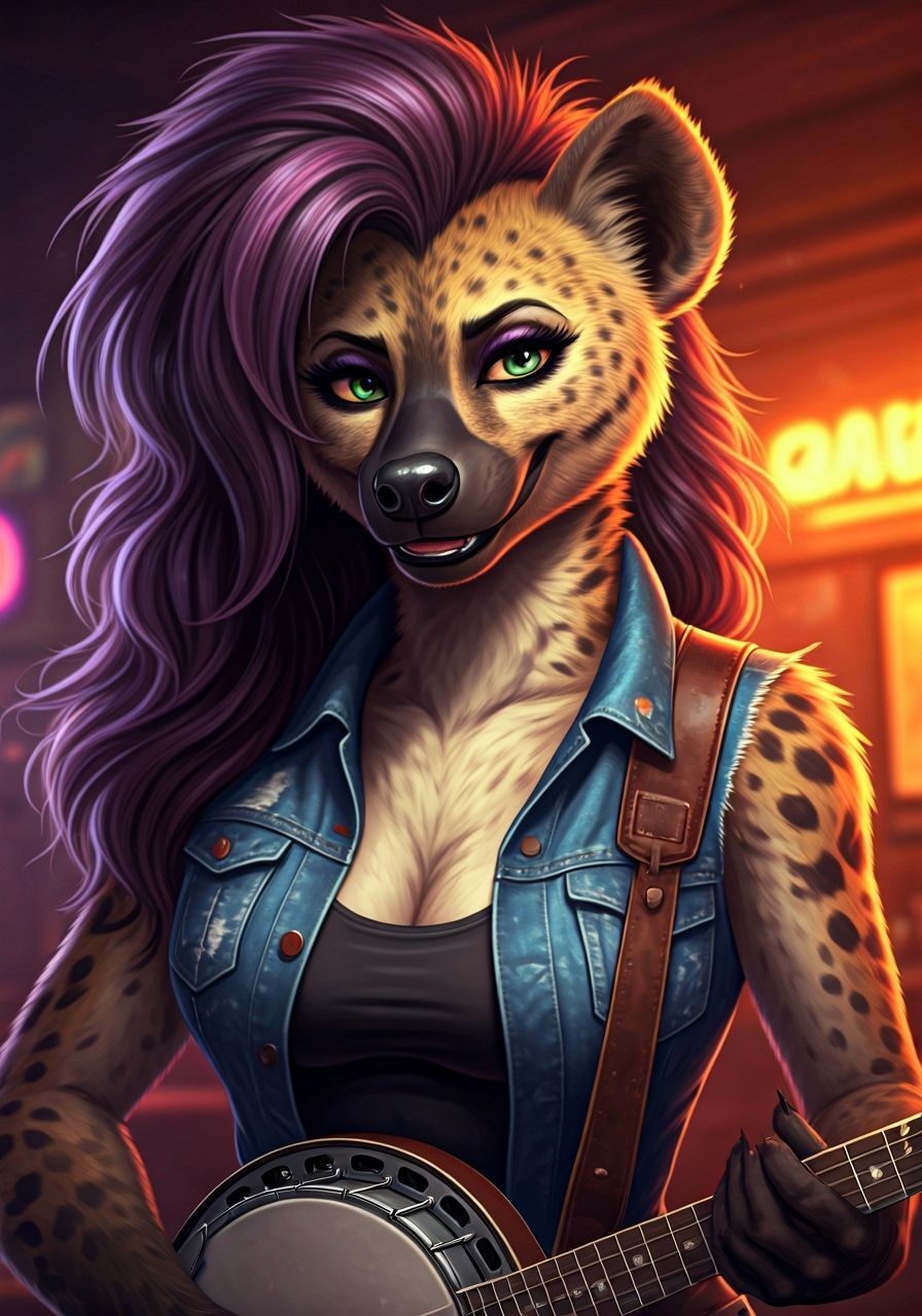 Anthropomorphic She-Hyena Musician in Dive Bar