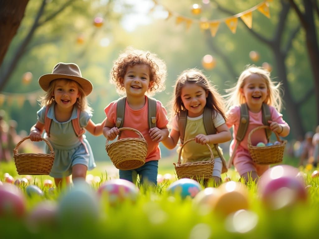 Joyful Children Embark on an Easter Egg Hunt in Vibrant Spri...