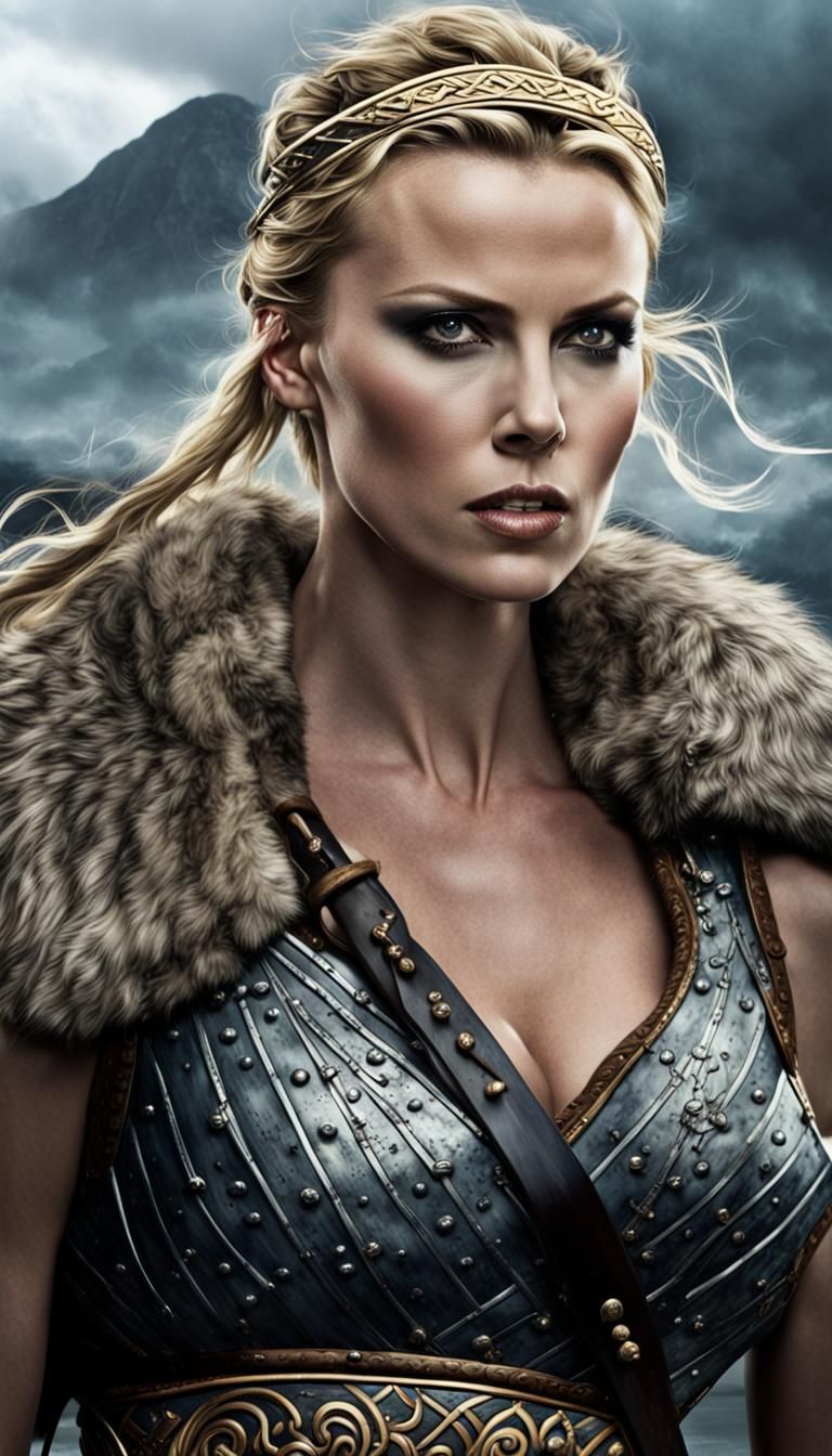 Viking Shield Maiden Pin-Up on Stormy Seas