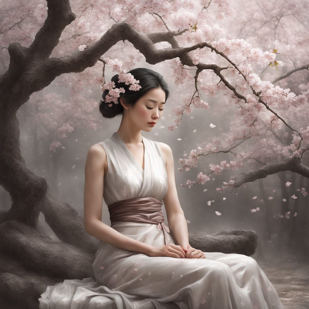 Serene Woman in Cherry Blossom Sanctuary
