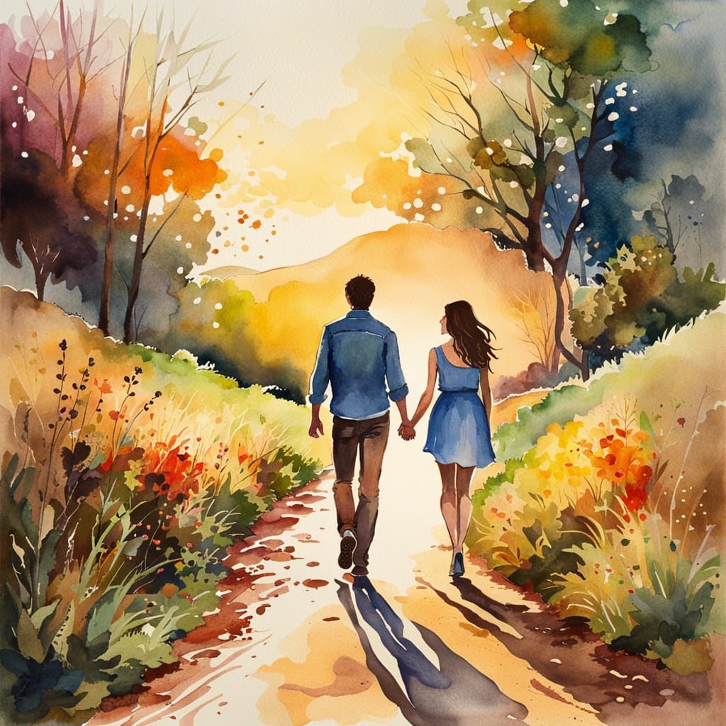 Whimsical Watercolor Couple's Walk: Poster Art
