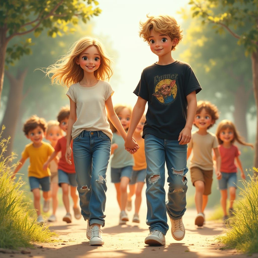 Young Couple Surrounded by Joyful Children in a Whimsical Su...