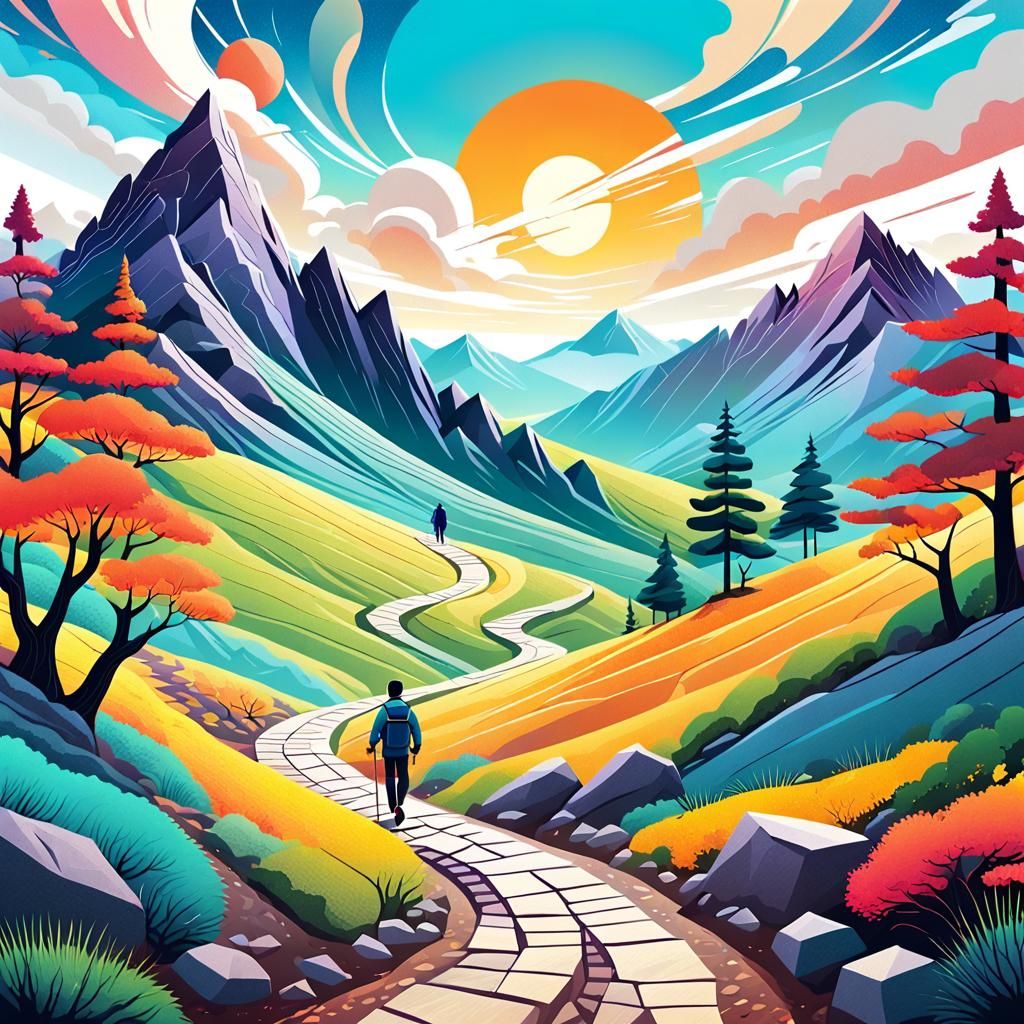 Vibrant Trek Illustration with Geometric Scenery
