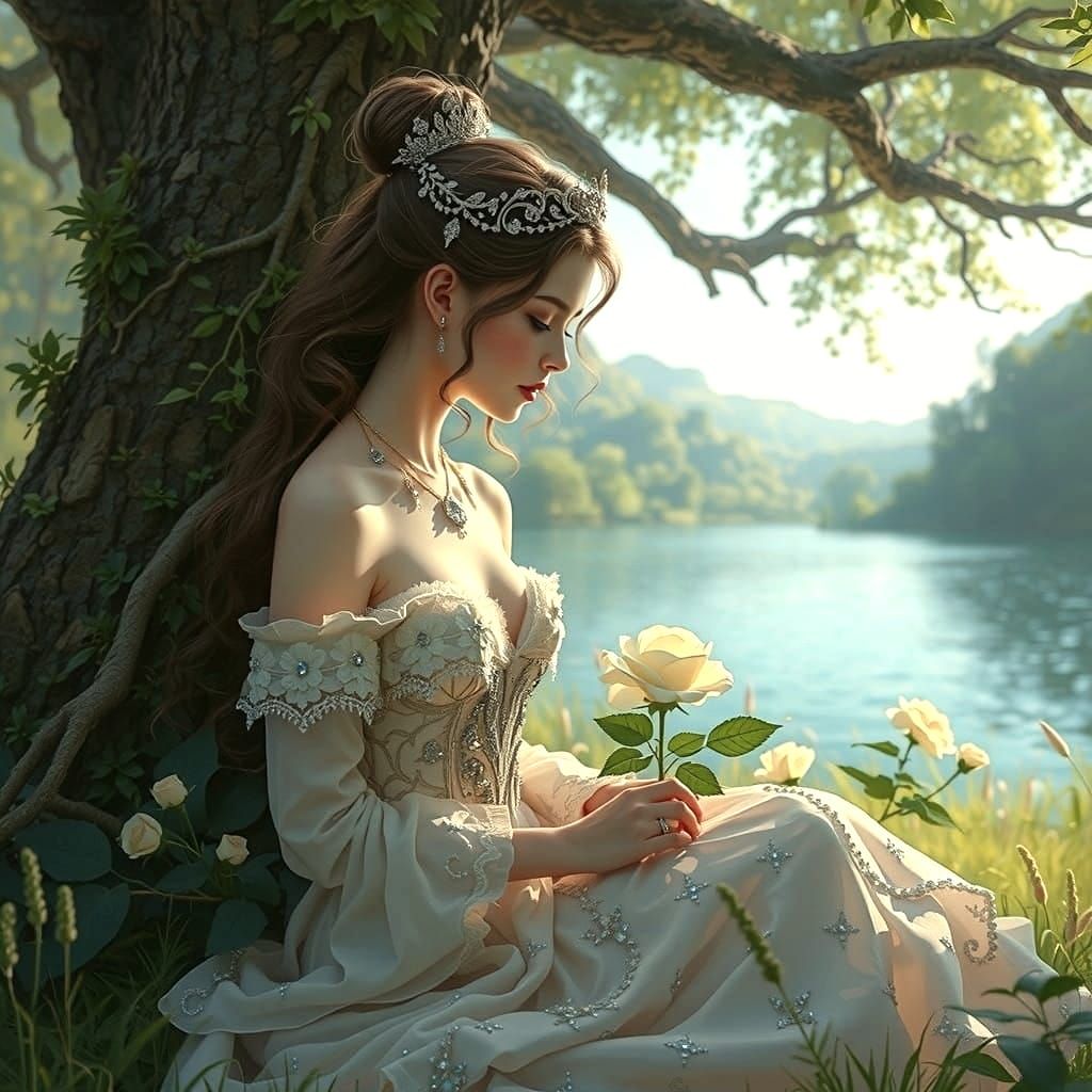 Princess in Garden with White Rose, Lake and Sunny Day
