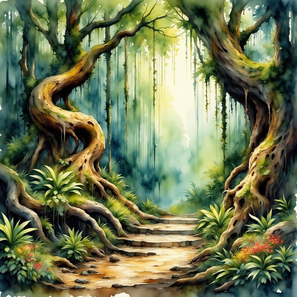 Dreamlike Forest Floor in Watercolor Style