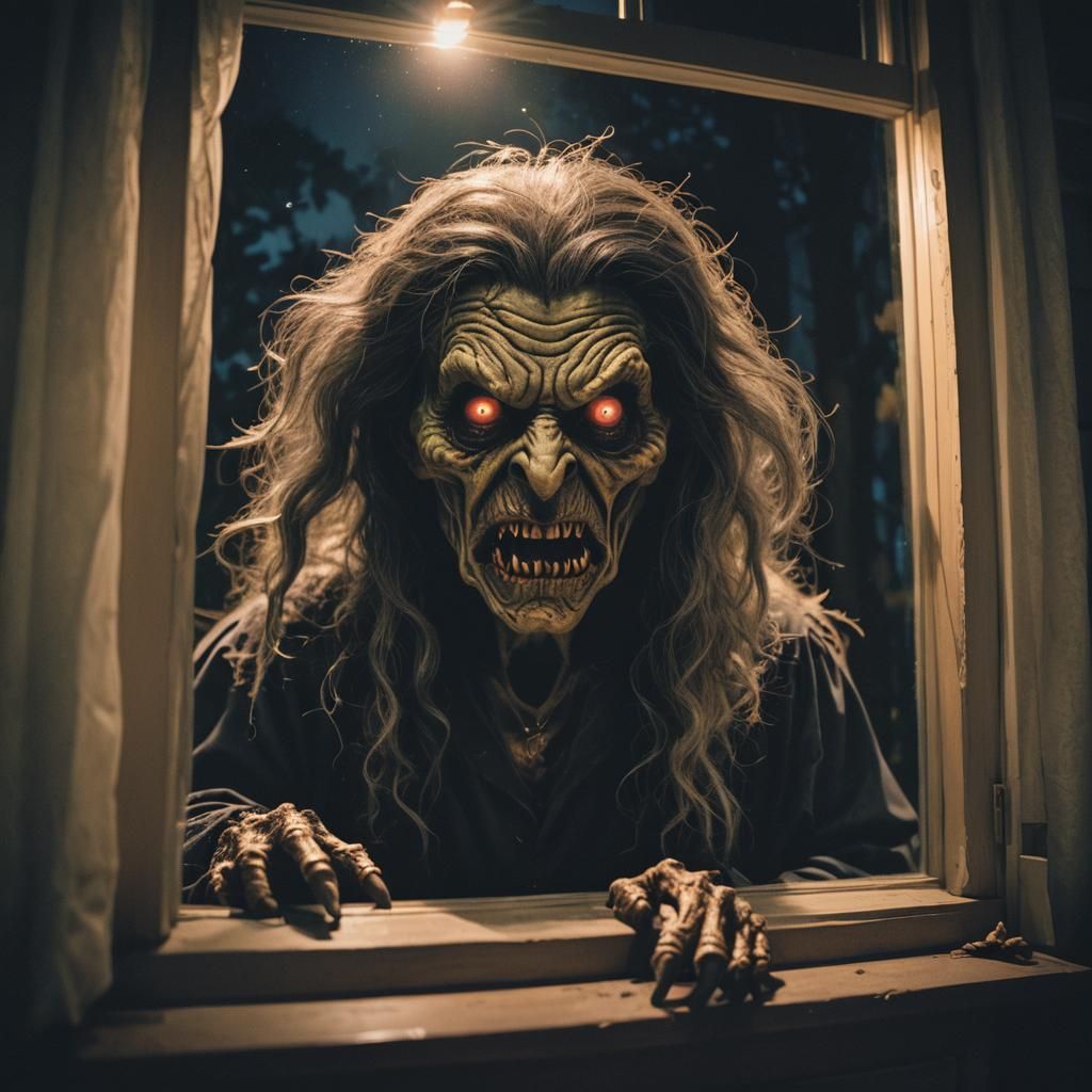 Cinematic Witch Monster at Bedroom Window