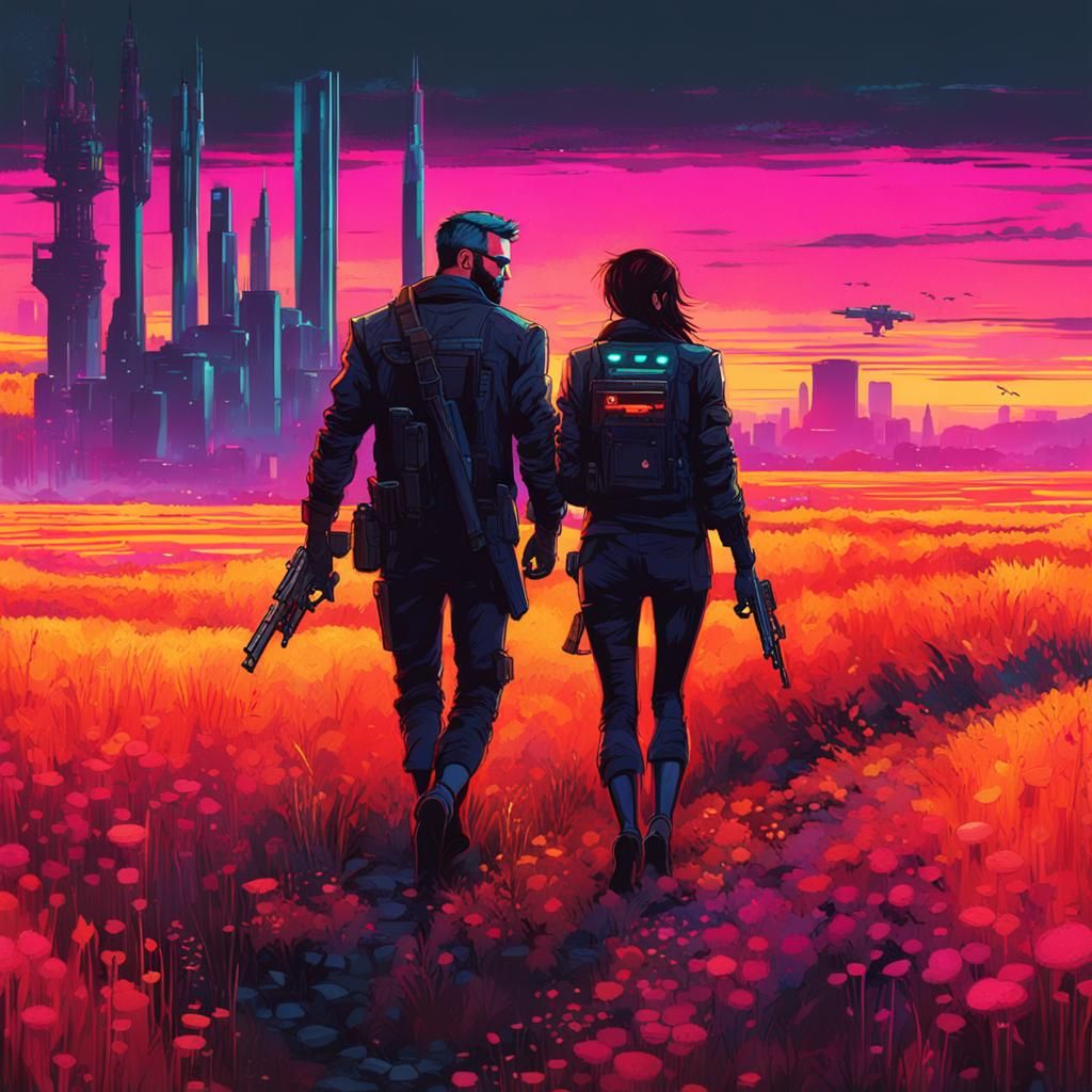 Cyberpunk Couple Armed in Neon Fields