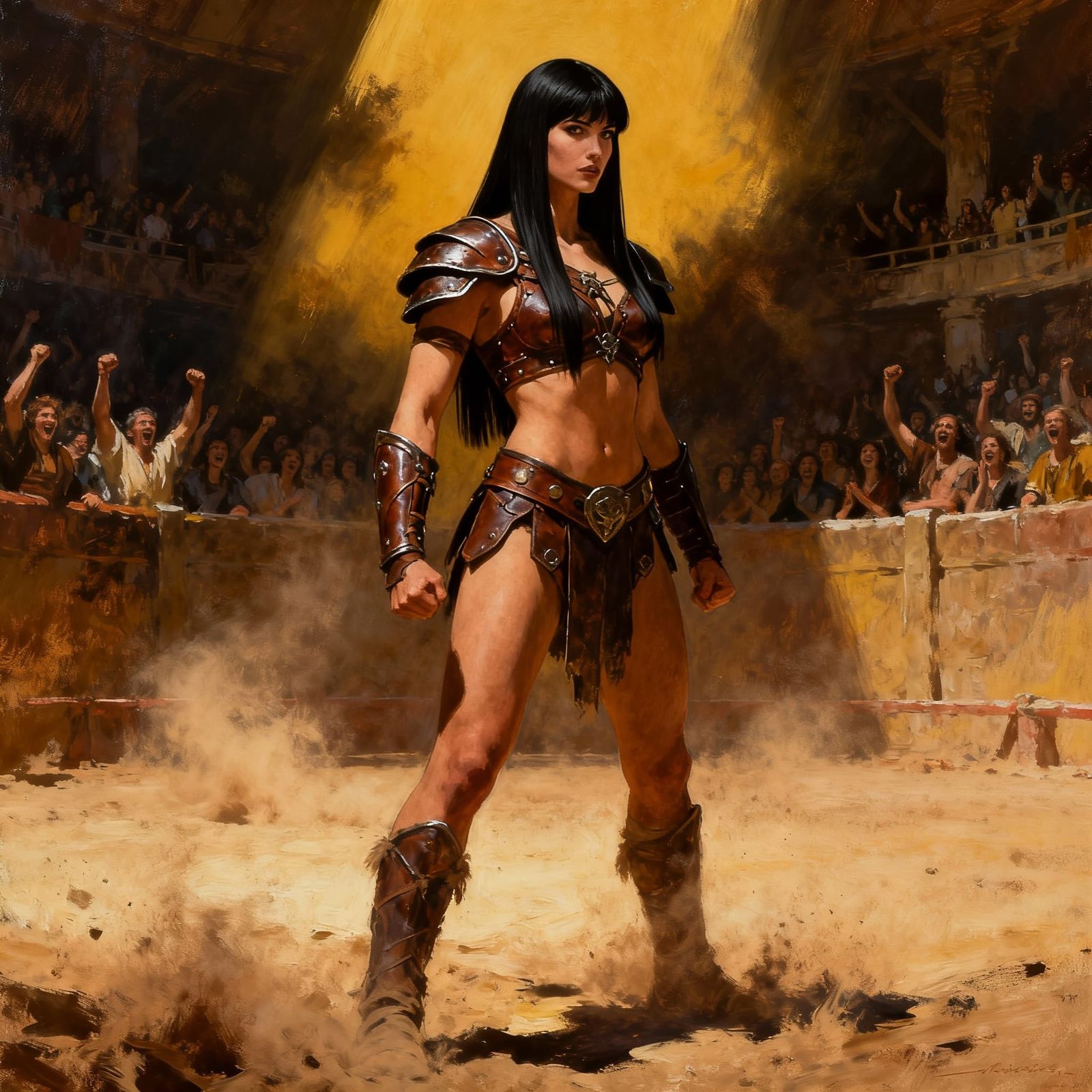 Female Barbarian Warrior in Dusty Arena Oil Painting