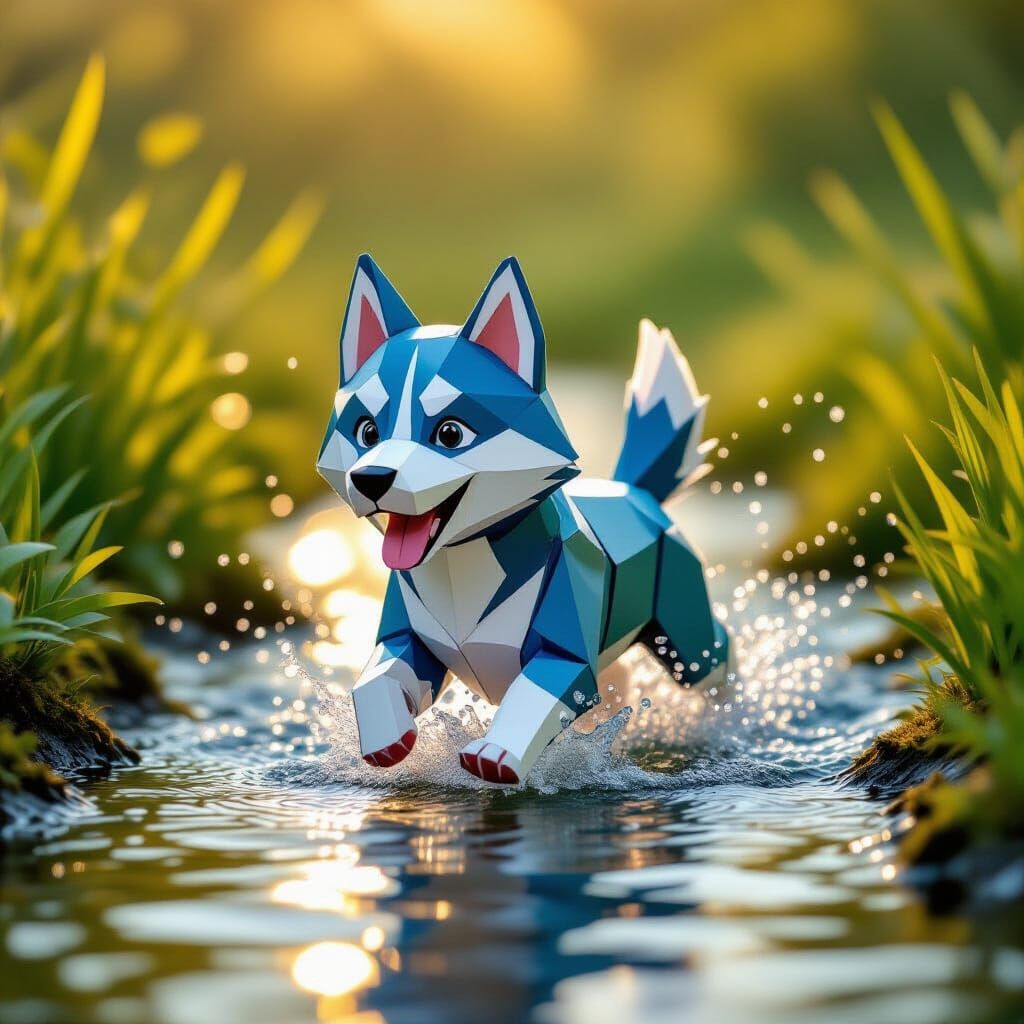 Origami Husky Running Through Sunlit Stream