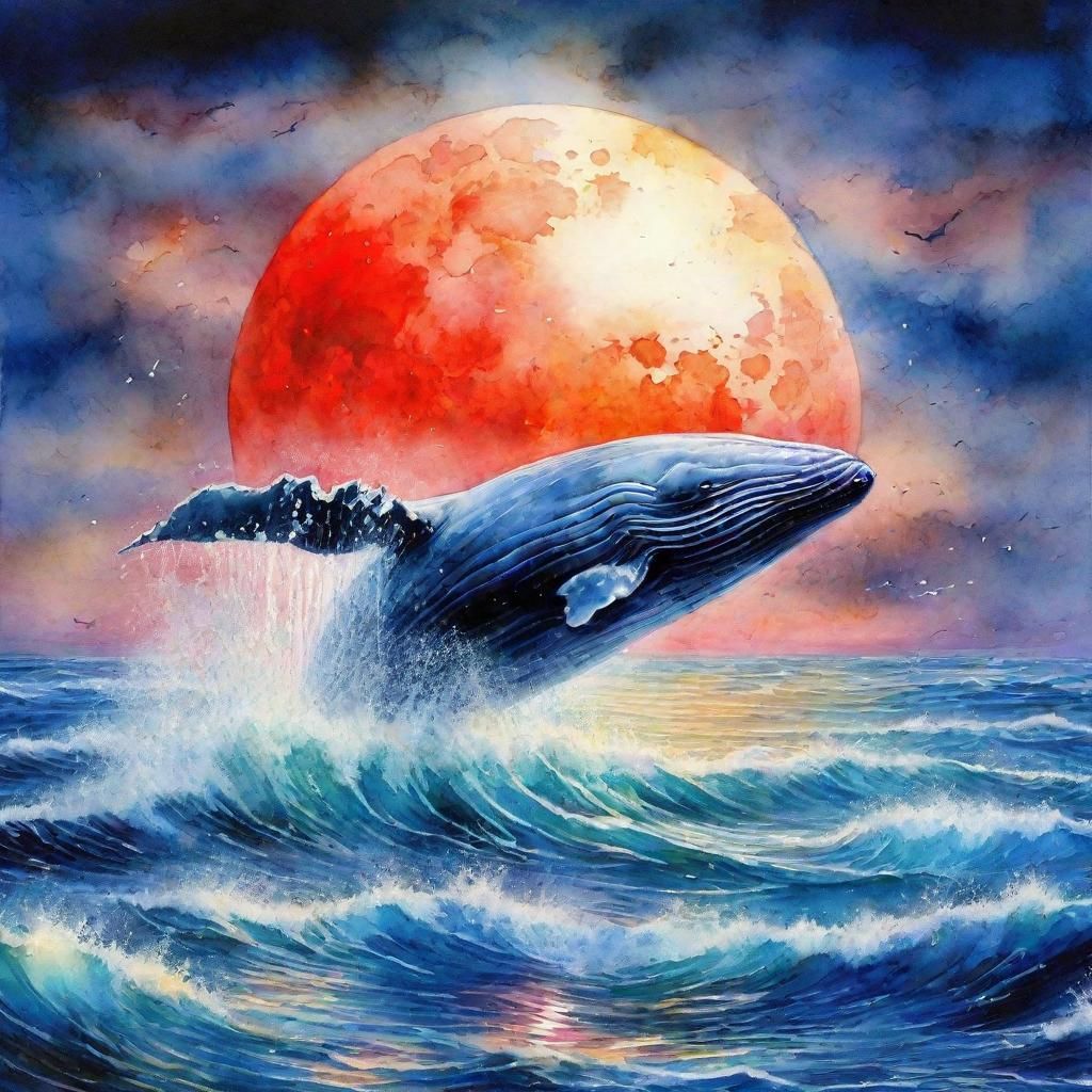 Blood Moon Whale in Watercolor Seascape
