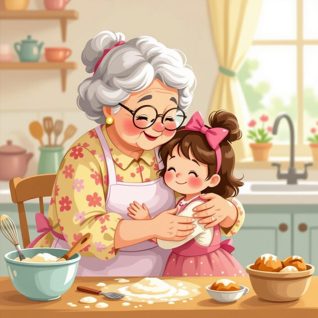 Cartoon Grandma Hugs Granddaughter in Whimsical Style
