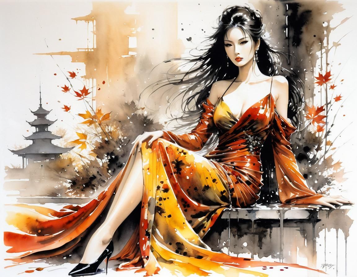 Gorgeous Woman in Autumnal Ink Drawing Style