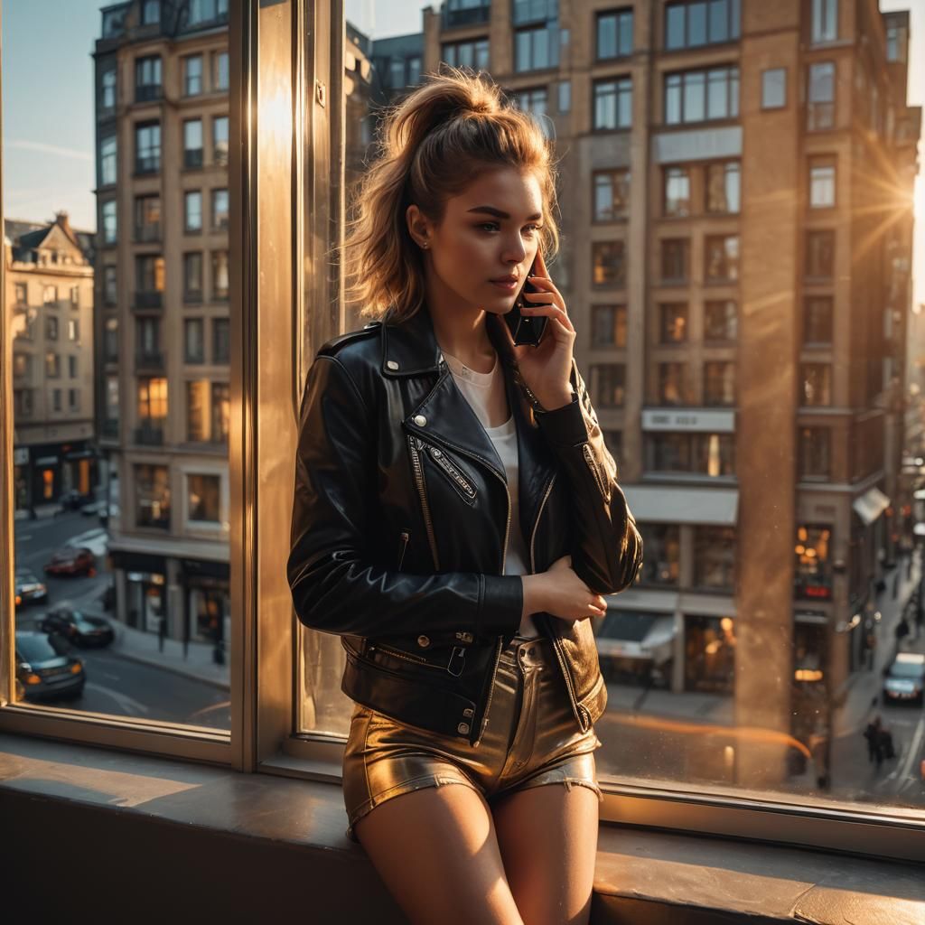 (636) Beautiful Woman in Leather Jacket and Minishorts talks...