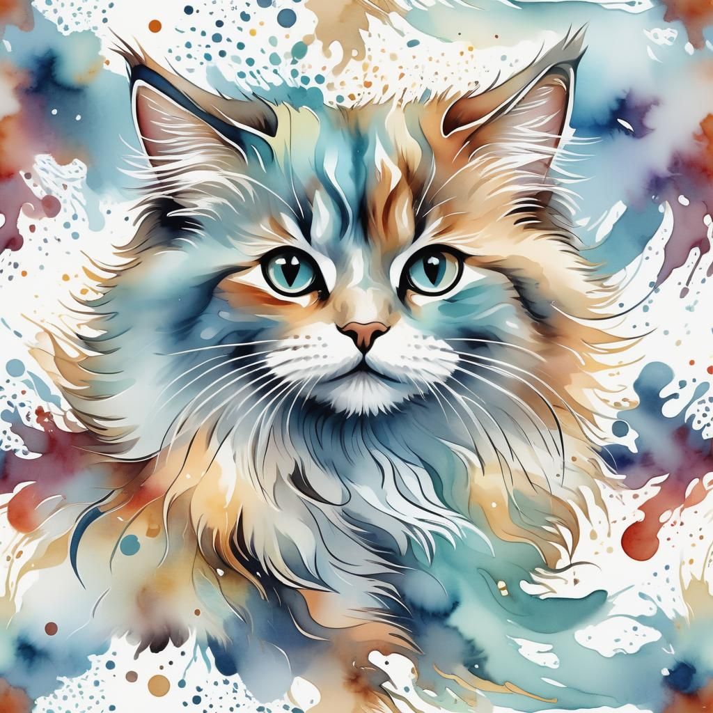 Watercolor Fluffy Cat Illustration with Abstract Elements