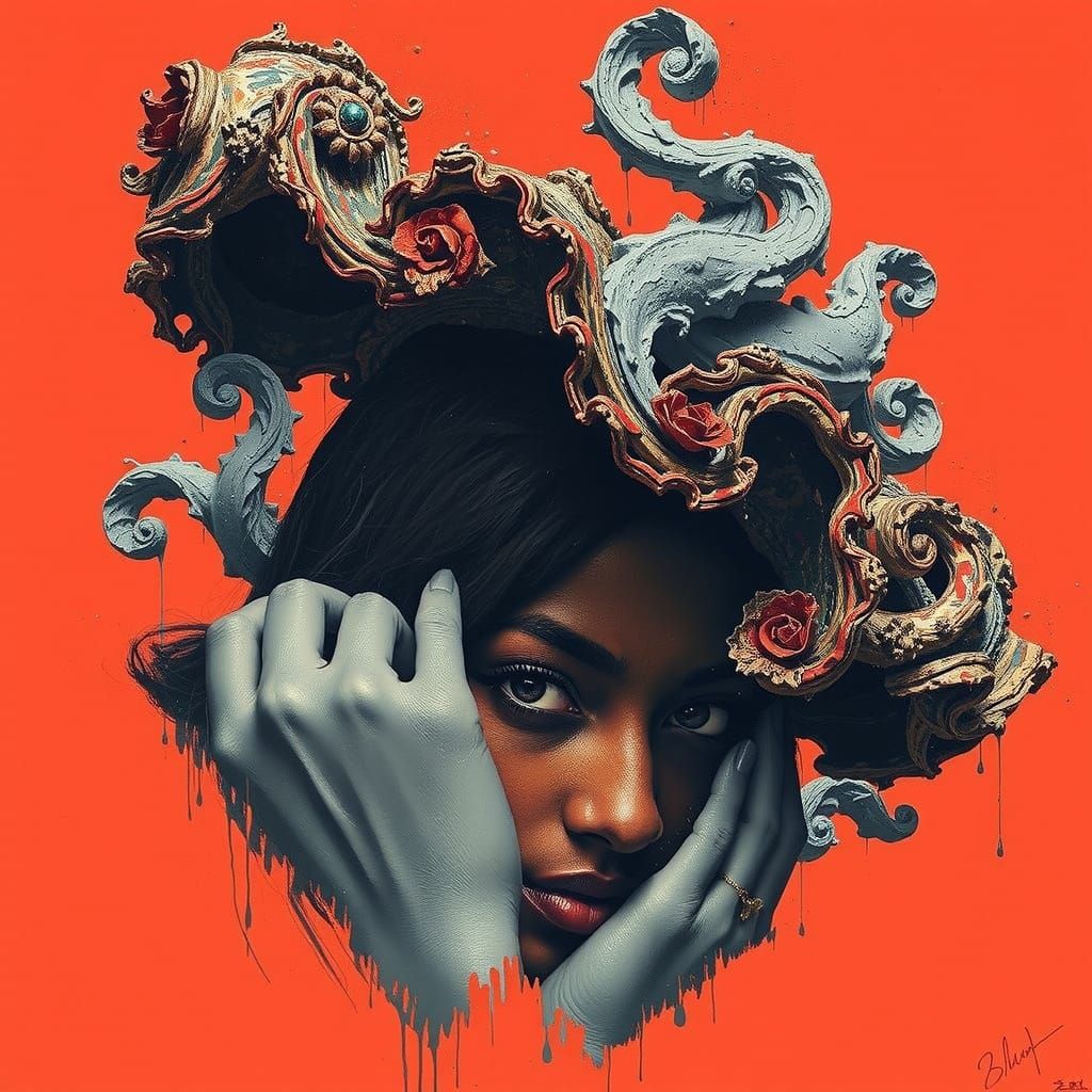 Striking Black and White Portrait of Woman with Crimson Acce...