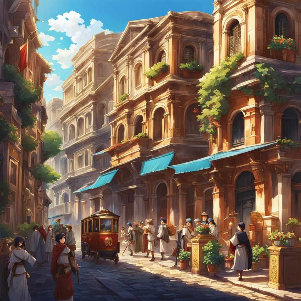 Bustling Ancient Rome Reimagined in Vibrant Anime Style