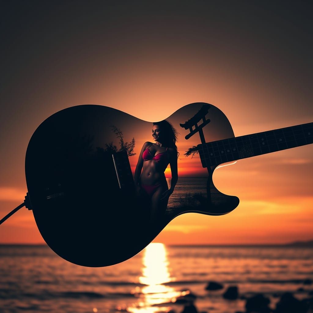 Guitar Silhouette Merged with Sunset Coastline, 8K