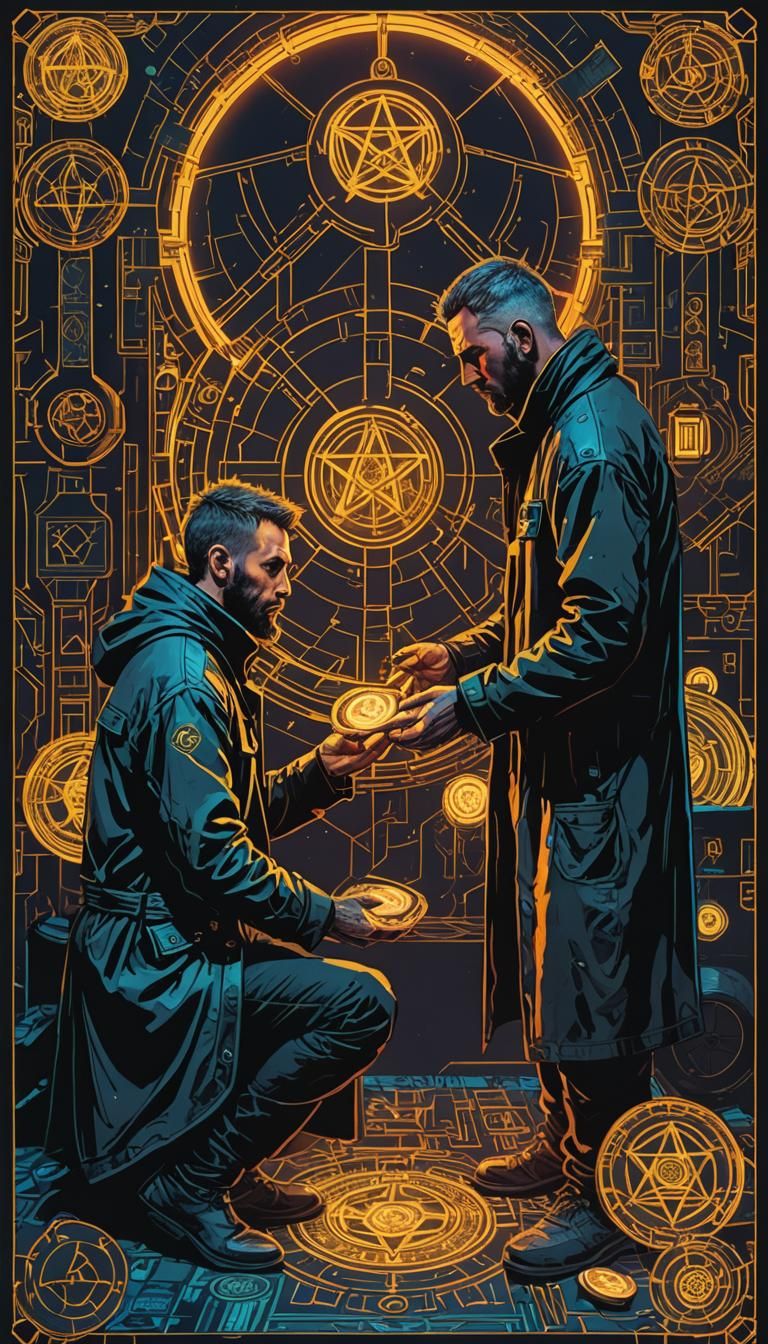 Six of Pentacles Tarot Card in Cyberpunk Style