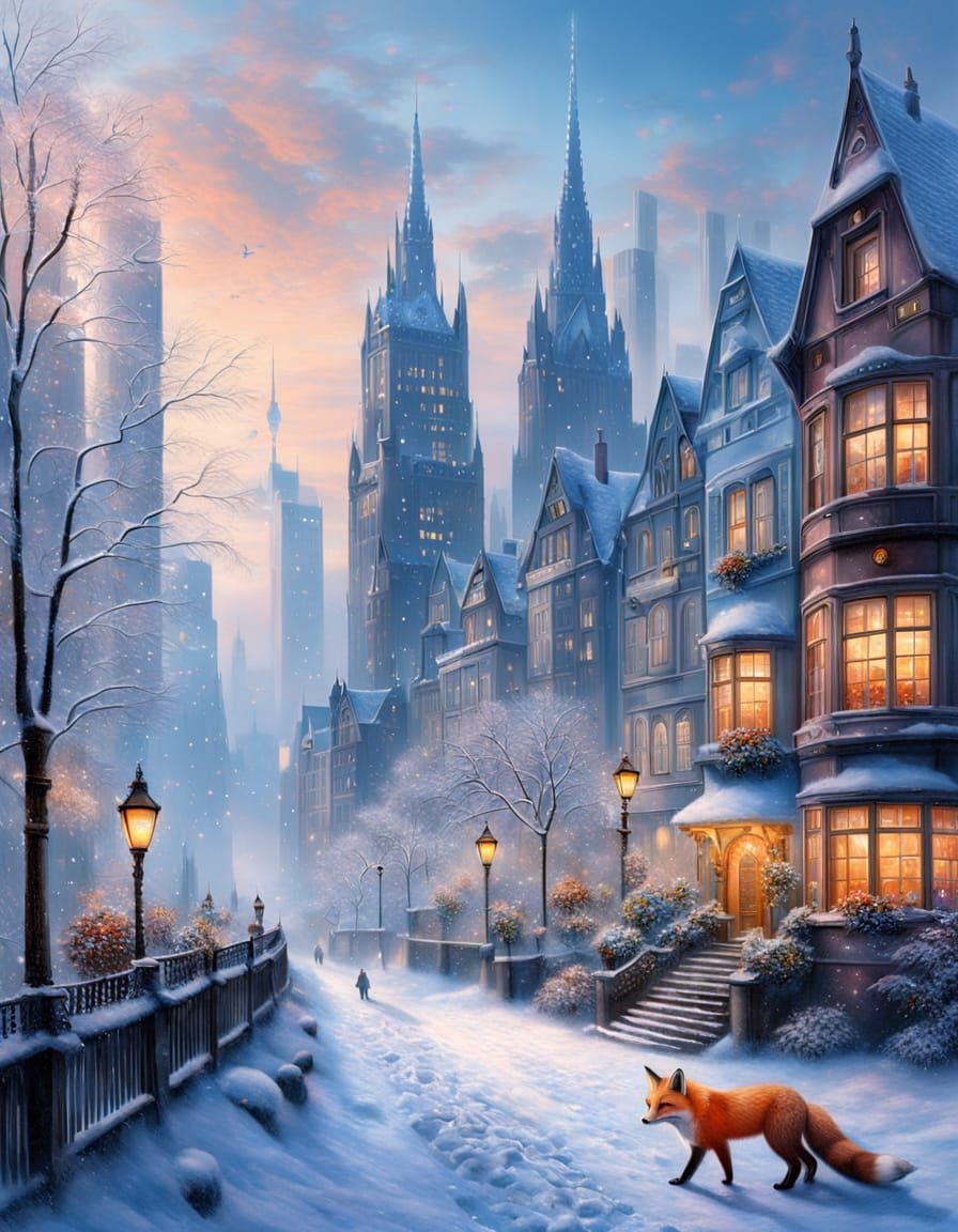 Ethereal Fox in Snow Amidst Frankfurt Skyline