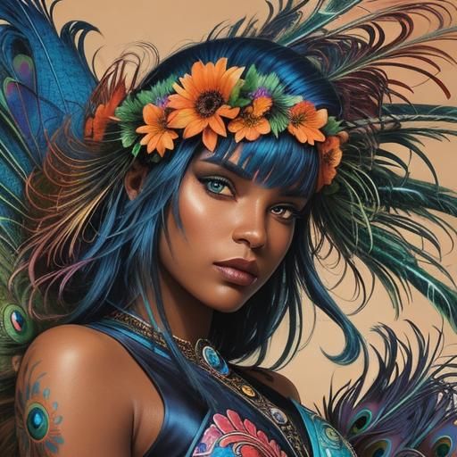 Comic Book Portrait: Woman with Peacock Feathers