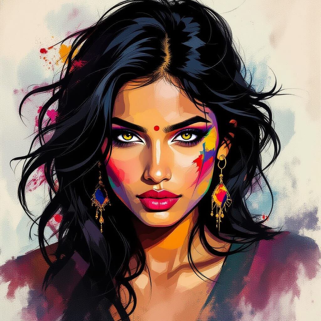 Wild and Bold Indian Woman in Expressionistic Style