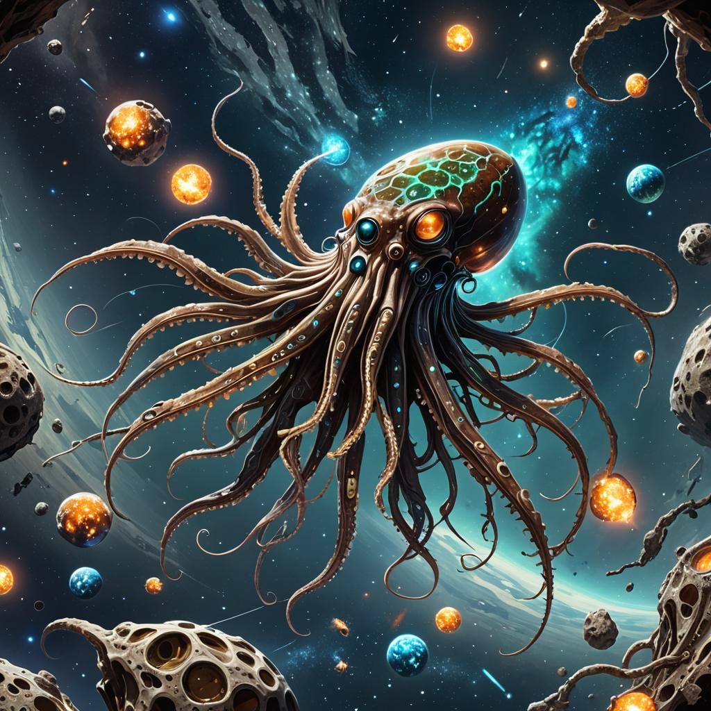 Bioluminescent Space Squid Hunting Among Meteorites