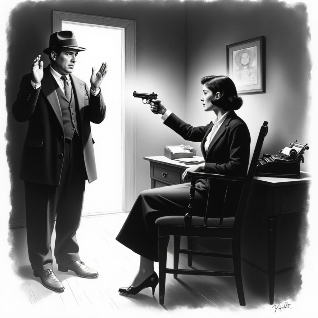 1930s Noir Scene: Woman Points Pistol at Man
