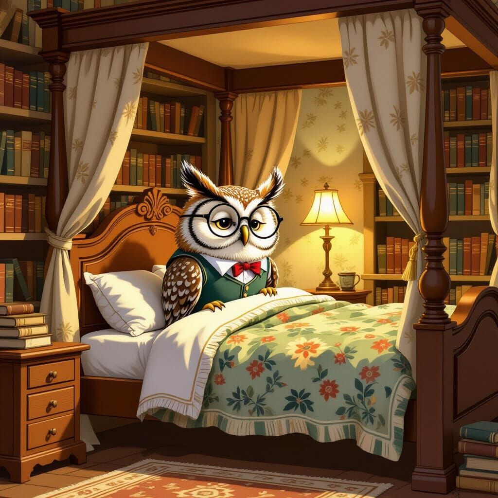 Wise Owl Librarian Sleeps in Enchanted Bedchamber