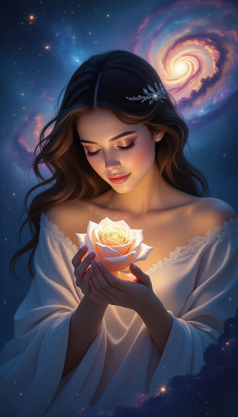 Celestial Being Holds Divine Rose Amidst Cosmic Expanse