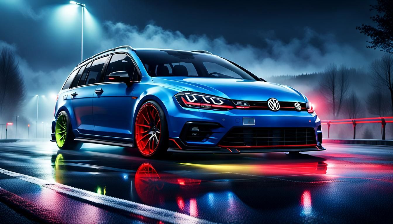 Custom VW Golf 7R Drifting on Highway at Night