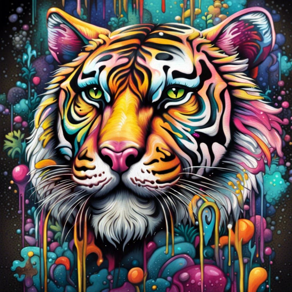 Whimsical Tiger in Enchanted Forest: Graffiti Art
