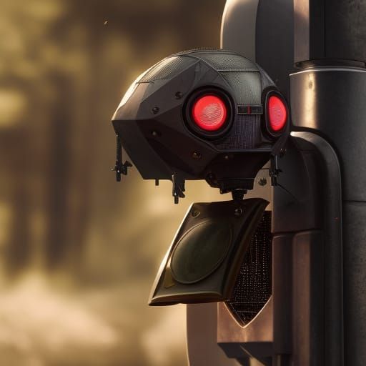 Cyberpunk Robot in Dandelion Field Holding Stop Sign
