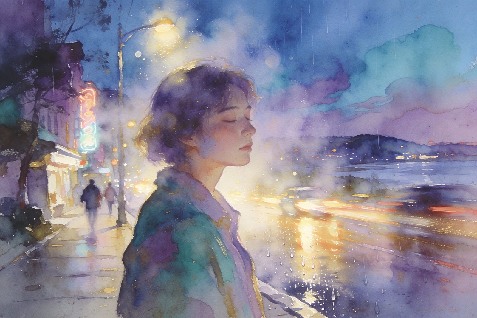 Ethereal City Street at Blue Hour in Pastel Washes