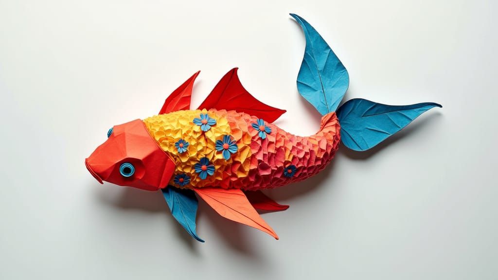 Intricately Folded Origami Koi Fish Logo in Minimalist Desig...