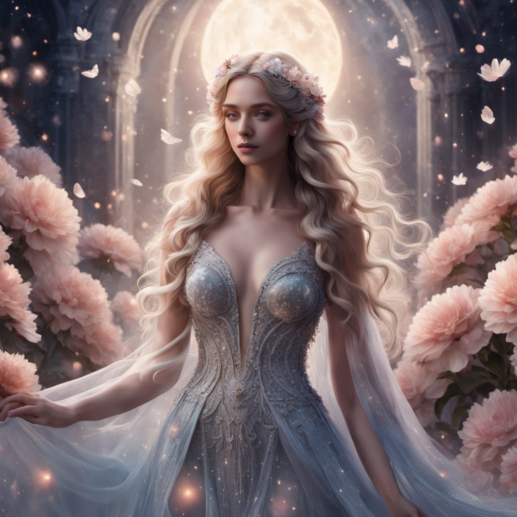 Ethereal Goddess in Stardust Gown, Magical Fantasy Art