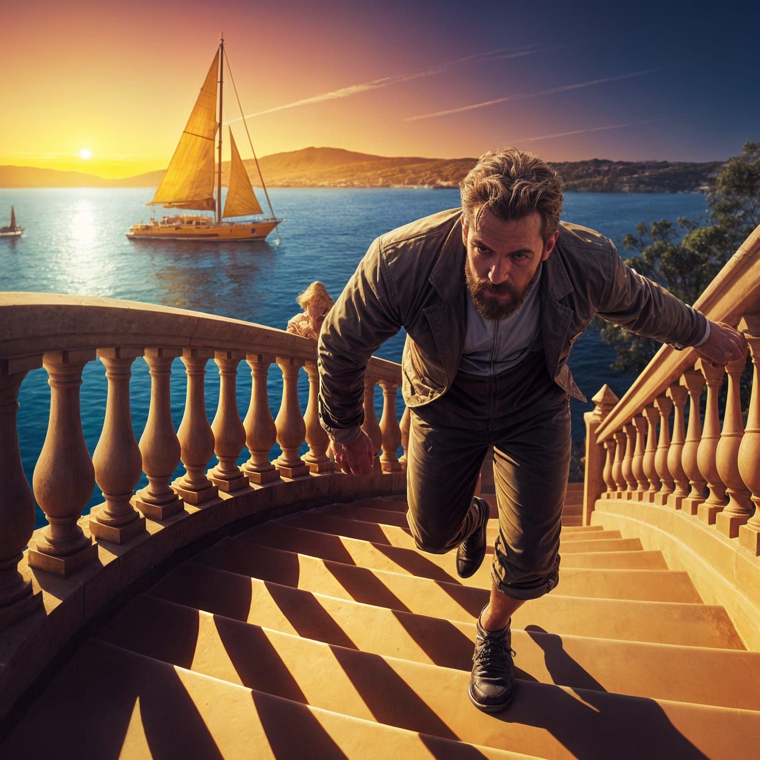 Dynamic Portrait of King James in Sunset Staircase