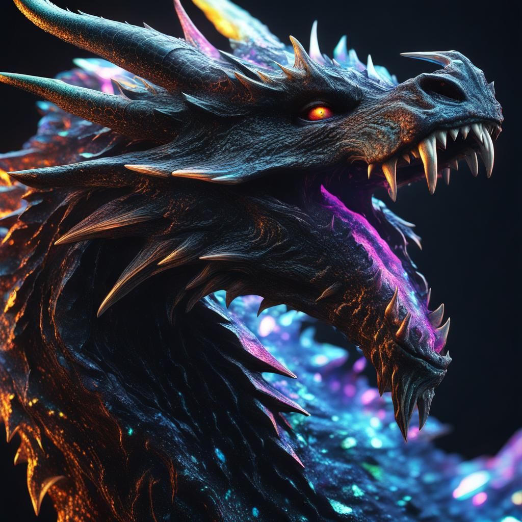 Detailed Snarling Dragon with Glowing Veins and Stars