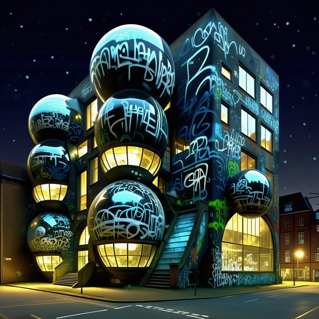 Graffiti Camouflaged Building Lit by Glass Spheres