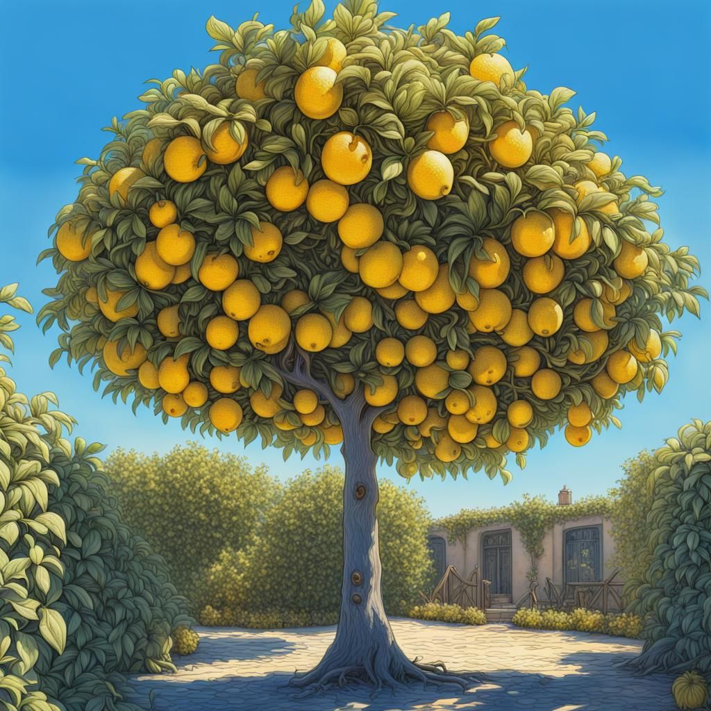 Grapefruit Tree in Psychedelic Watercolor Garden