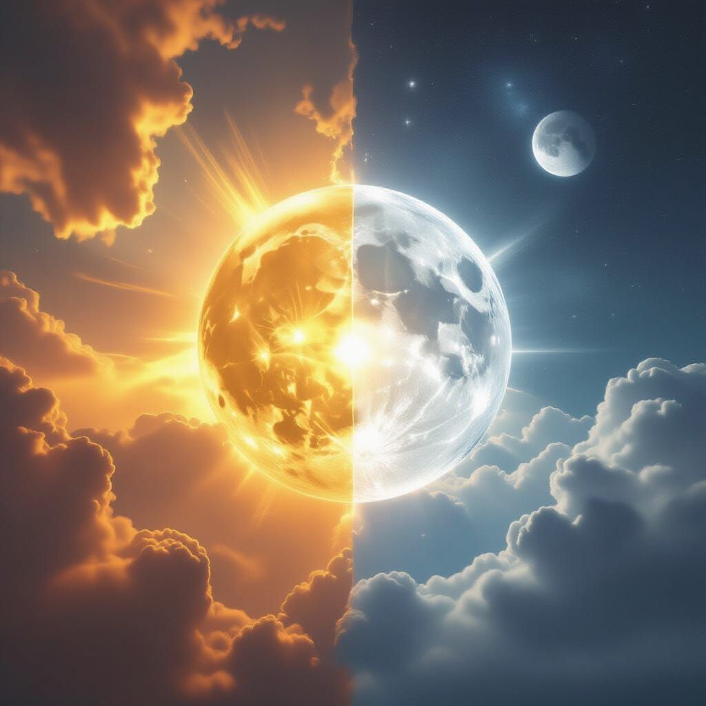 Cosmic Sky Split: Golden Sun Meets Silver Moon Portal