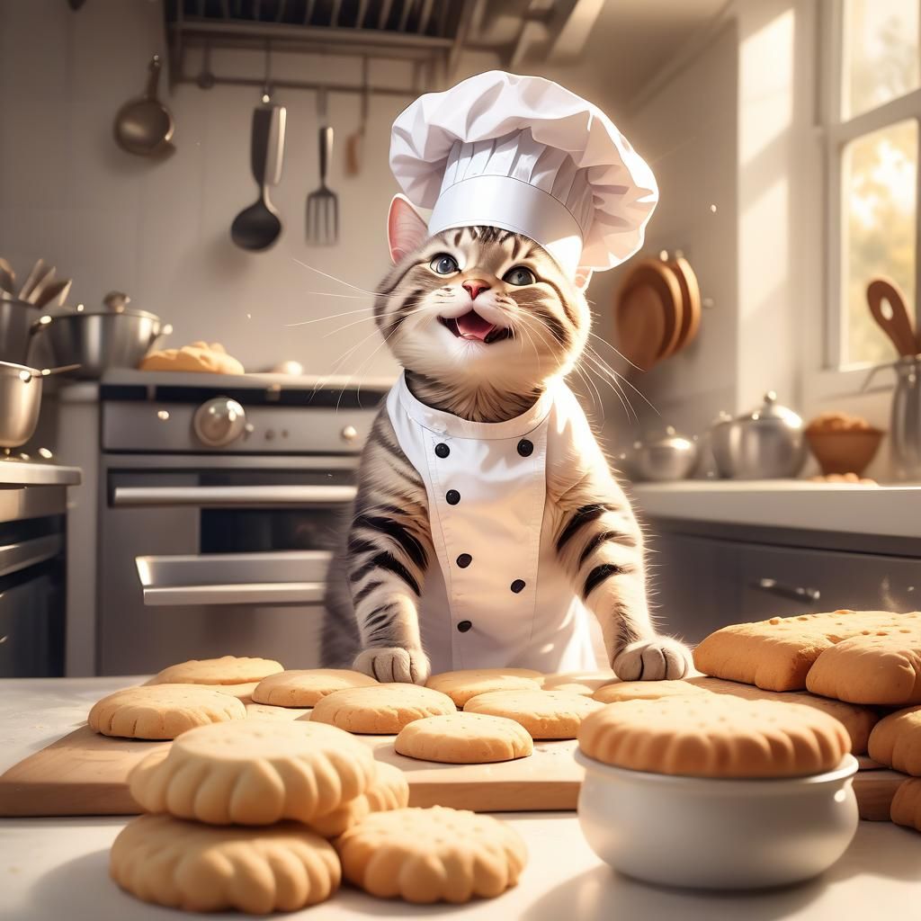 Happy Kitty Chef Baking Biscuits in Kitchen